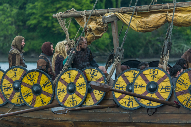 Maude Hirst as Helga, Gustaf Skarsgård as Floki (Jonathan Hession/History)